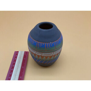 Indian Hand Etched Painted Clay Pottery Vase 3.25" Tall, Mid-Century